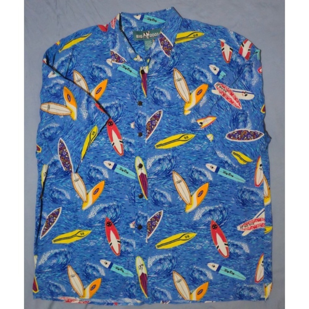 Vintage Big Dogs Men's Hawaiian Shirt Surf‎ Board Print Rayon 2X